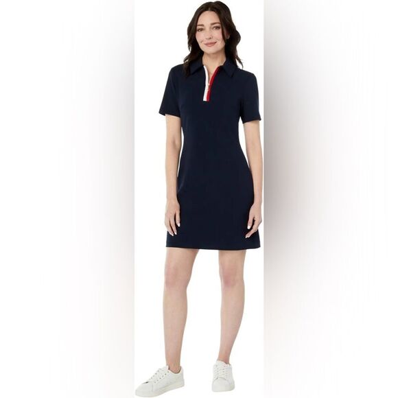 Tommy Hilfiger Dresses & Skirts - Tommy Hilfiger Navy Blue Scuba Crepe Zip Front Logo Tape Shift Dress Size 8 Med